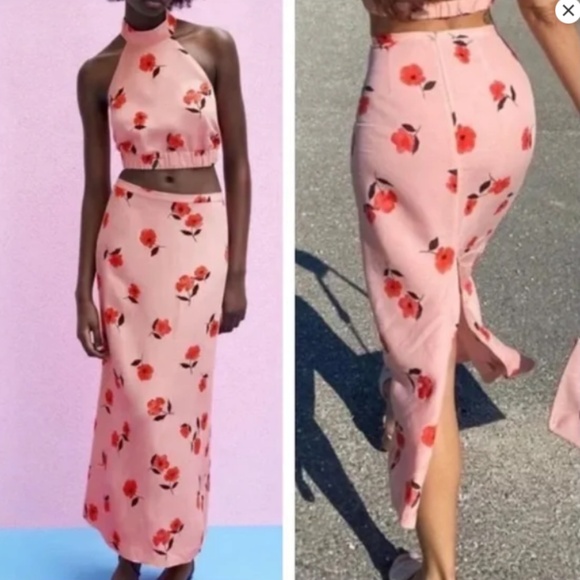 Zara Pink Floral Printed Linen Midi Skirt Size Medium - Red Flower Pattern - Picture 8 of 9